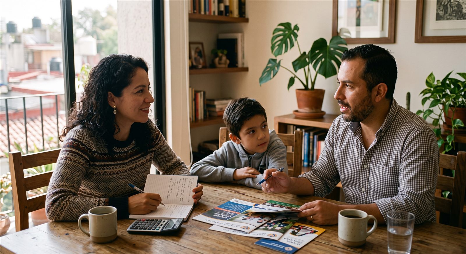 Madre y padre mexicanos revisando folletos escolares y una calculadora en la mesa del comedor mientras su hijo de nueve años observa los papeles