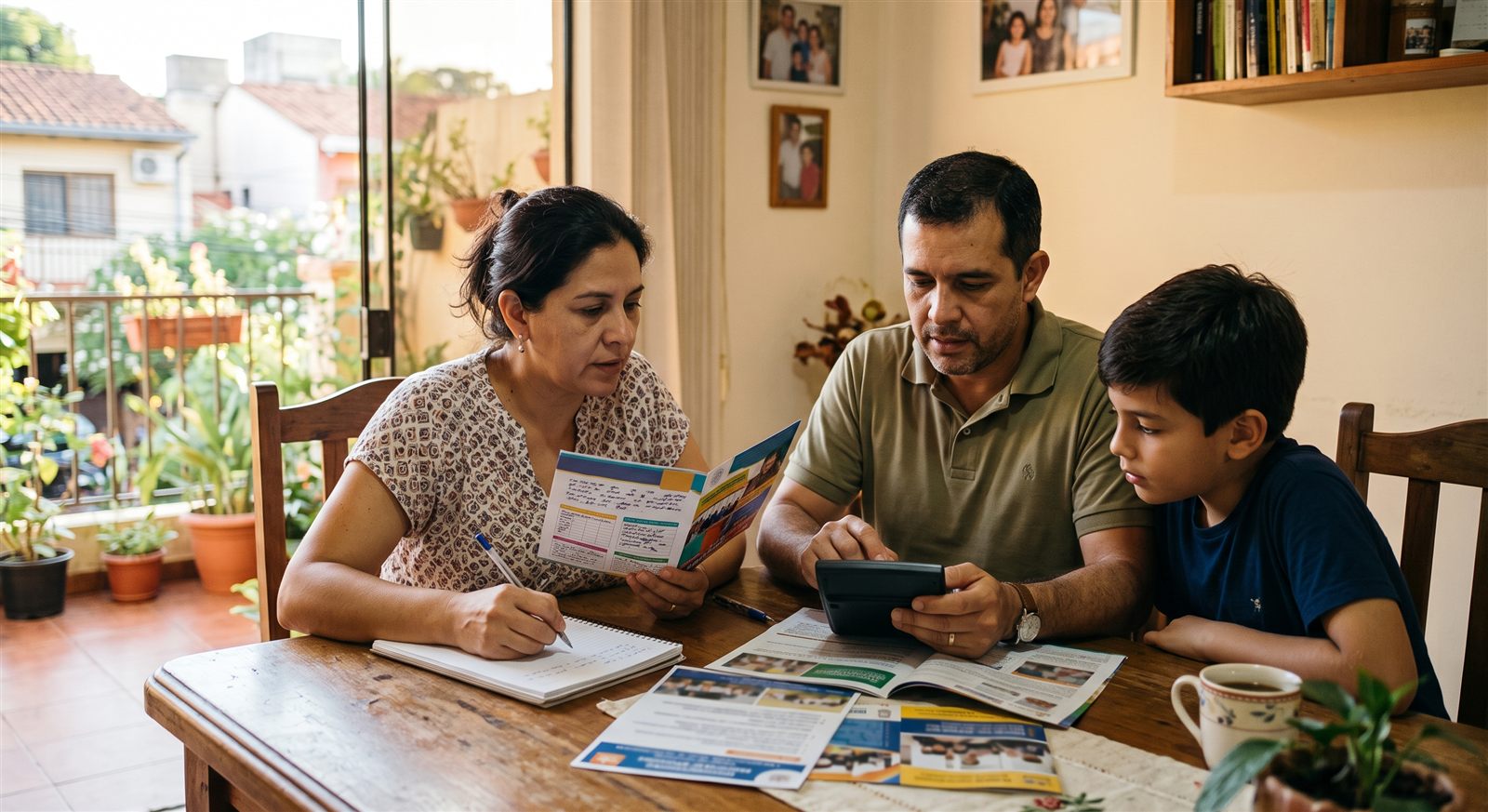 Madre y padre paraguayos revisando folletos escolares y una calculadora en la mesa del comedor mientras su hijo de diez años observa los papeles
