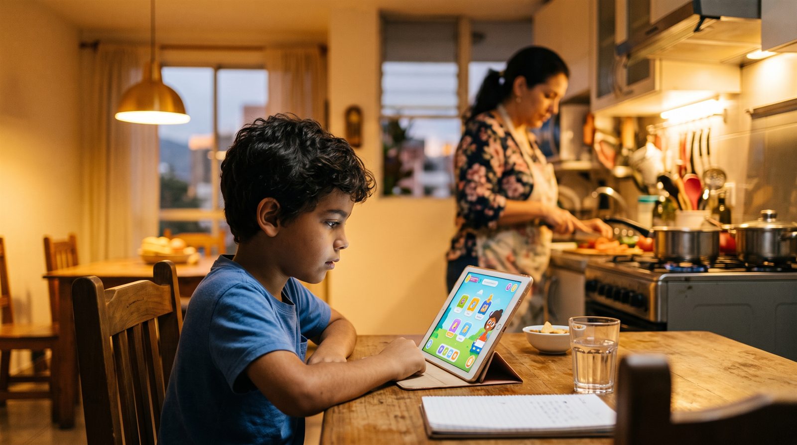 Niño latinoamericano de unos nueve años usando una app de idiomas en una tablet en la mesa del comedor mientras su madre cocina al fondo