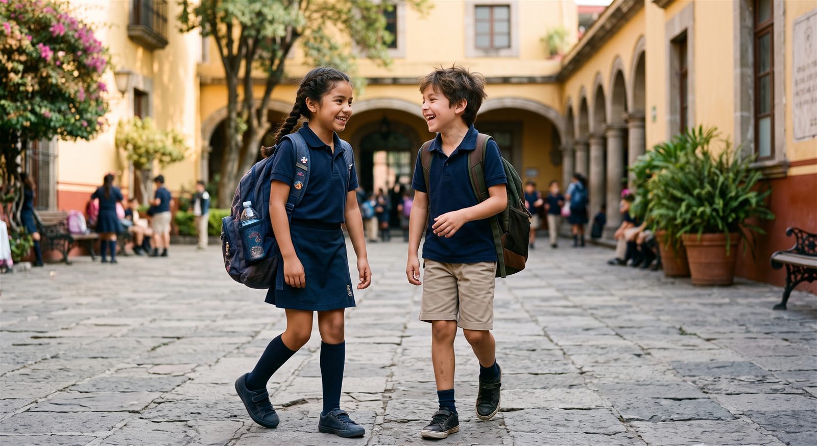 Dos niños mexicanos de primaria con uniforme caminando juntos y conversando por el patio soleado de una escuela