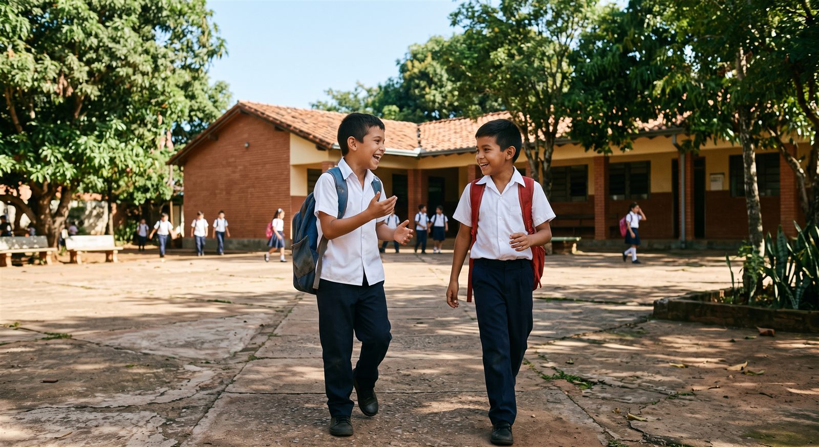 Dos niños paraguayos de primaria con mochilas caminando juntos y conversando por el patio soleado de un colegio