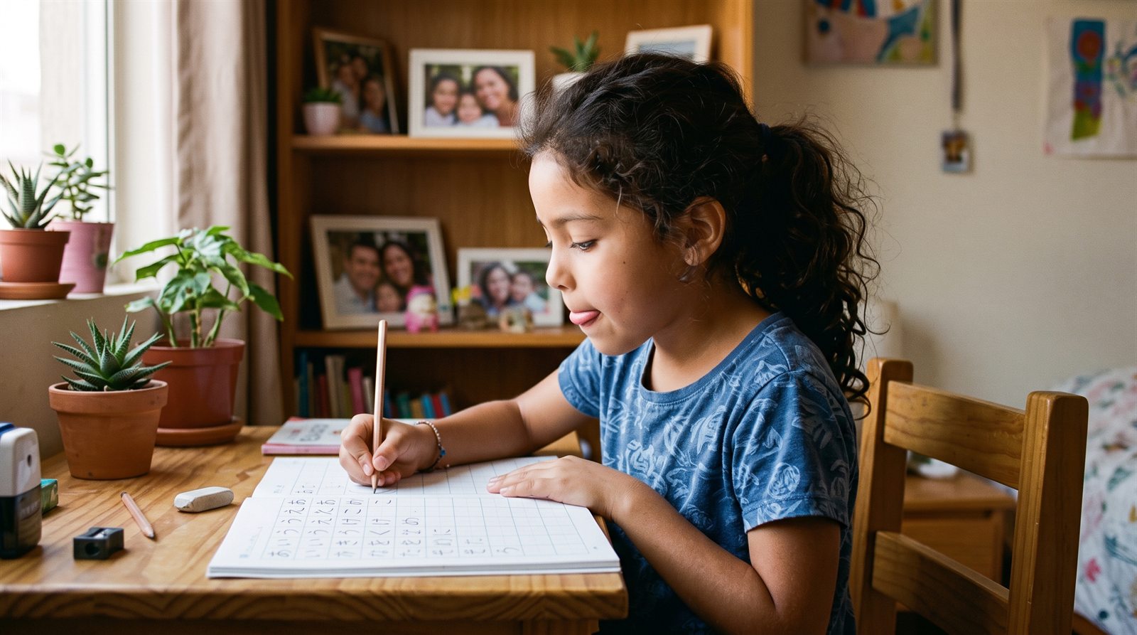 Niña latinoamericana de unos ocho años escribiendo caracteres japoneses a mano en un cuaderno cuadriculado en su escritorio