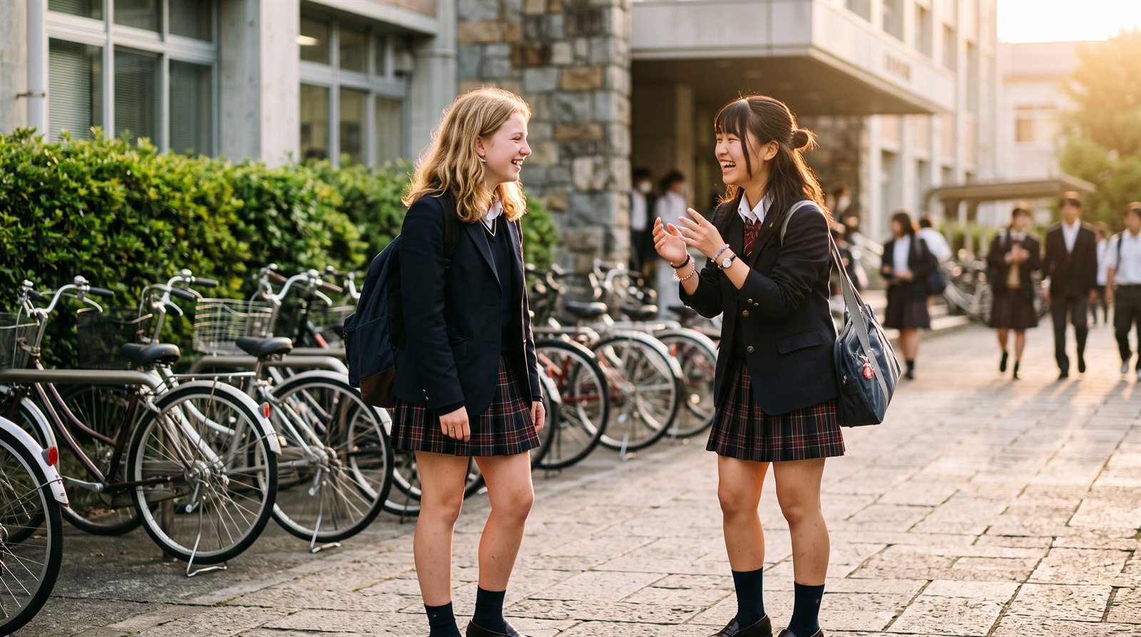 Two teenage friends talking and laughing outside a Japanese school