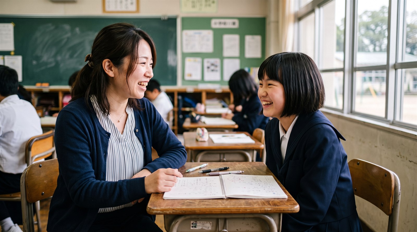 A Japanese teacher talking with a student at a classroom desk