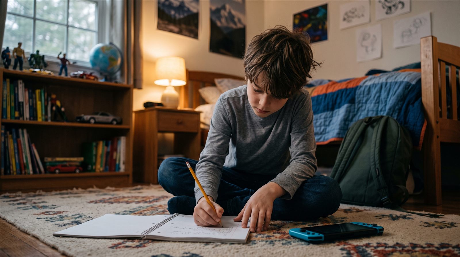 A boy sitting on a rug with a handheld game console beside an open notebook where he has been copying katakana