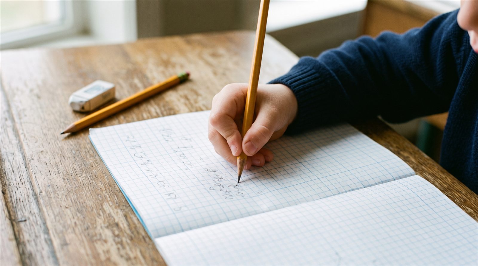 Close-up of a child's hand writing katakana characters in a squared exercise book at a desk
