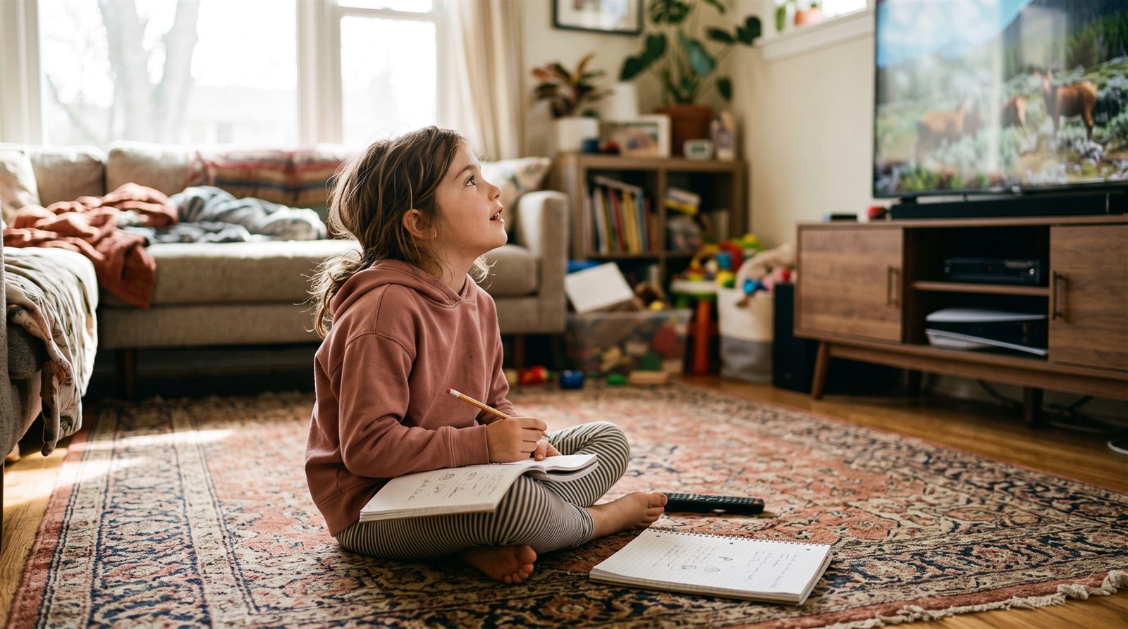 A girl about nine years old sitting cross-legged on a living room floor with a notebook, pausing an animated film on a television