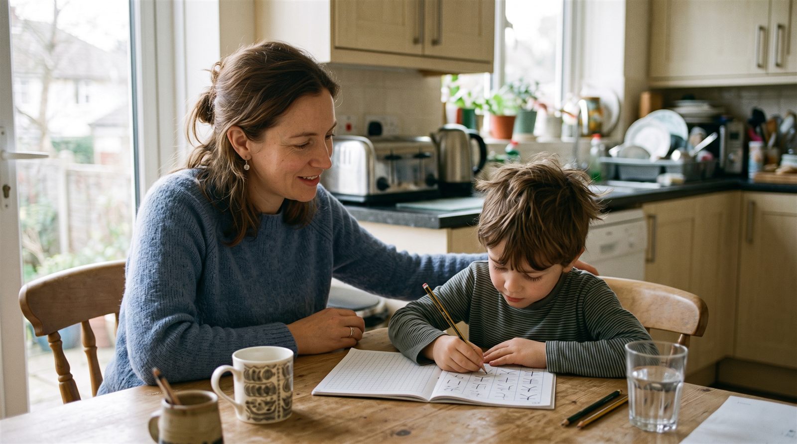 A parent and child at a kitchen table copying Japanese characters onto squared practice paper with a pencil