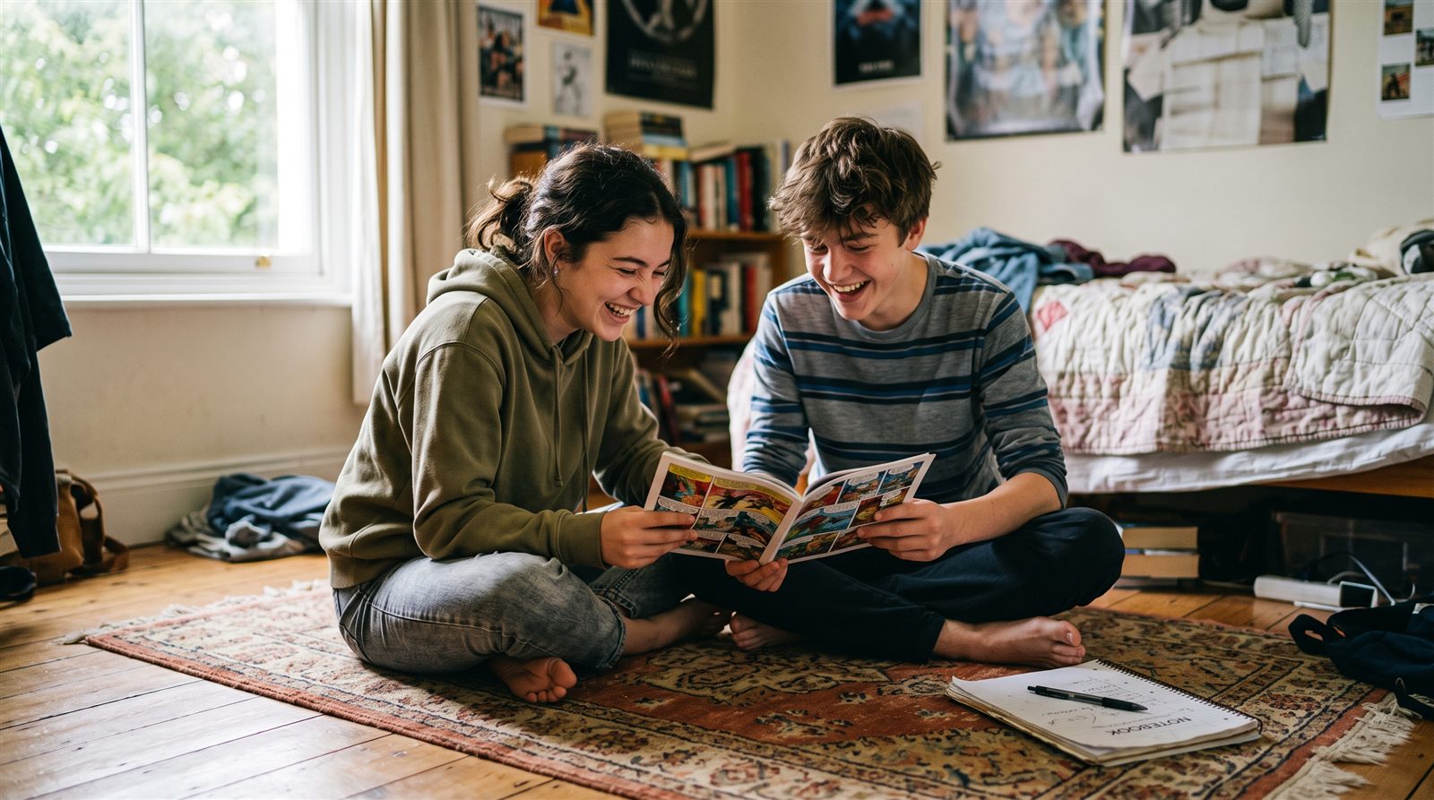 Two teenagers laughing over a manga volume on a bedroom floor with a Japanese notebook open between them