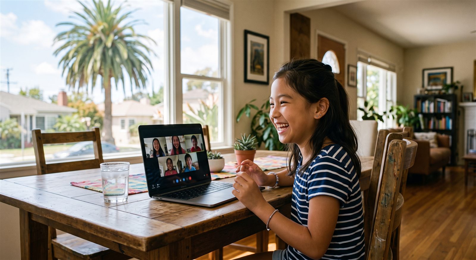 A girl in Los Angeles smiling during a video call with friends on a laptop at a dining table
