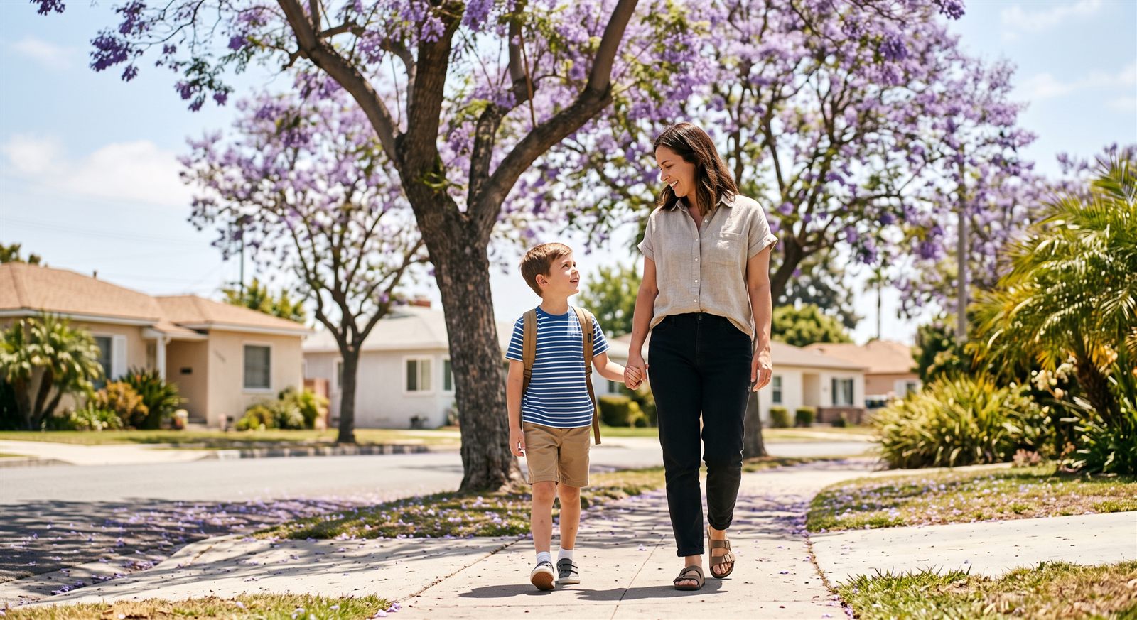 A mother and her primary-school son walking on a sunny Southern California suburban sidewalk under jacaranda trees