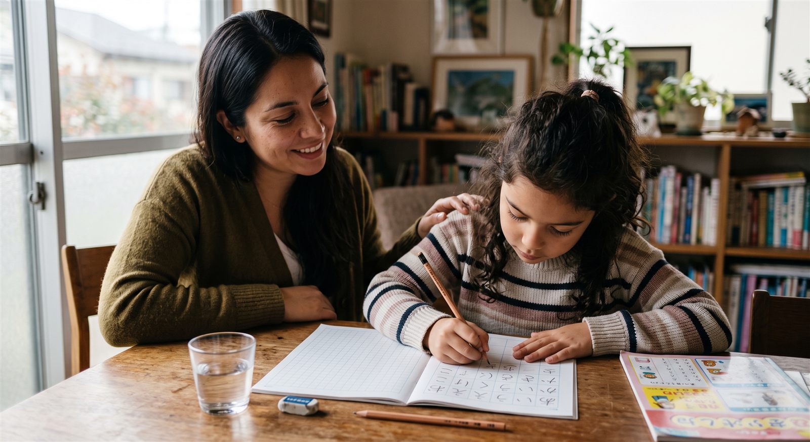Niña latinoamericana de unos ocho años escribiendo caracteres japoneses a mano en un cuaderno cuadriculado mientras su madre la acompaña sentada al lado