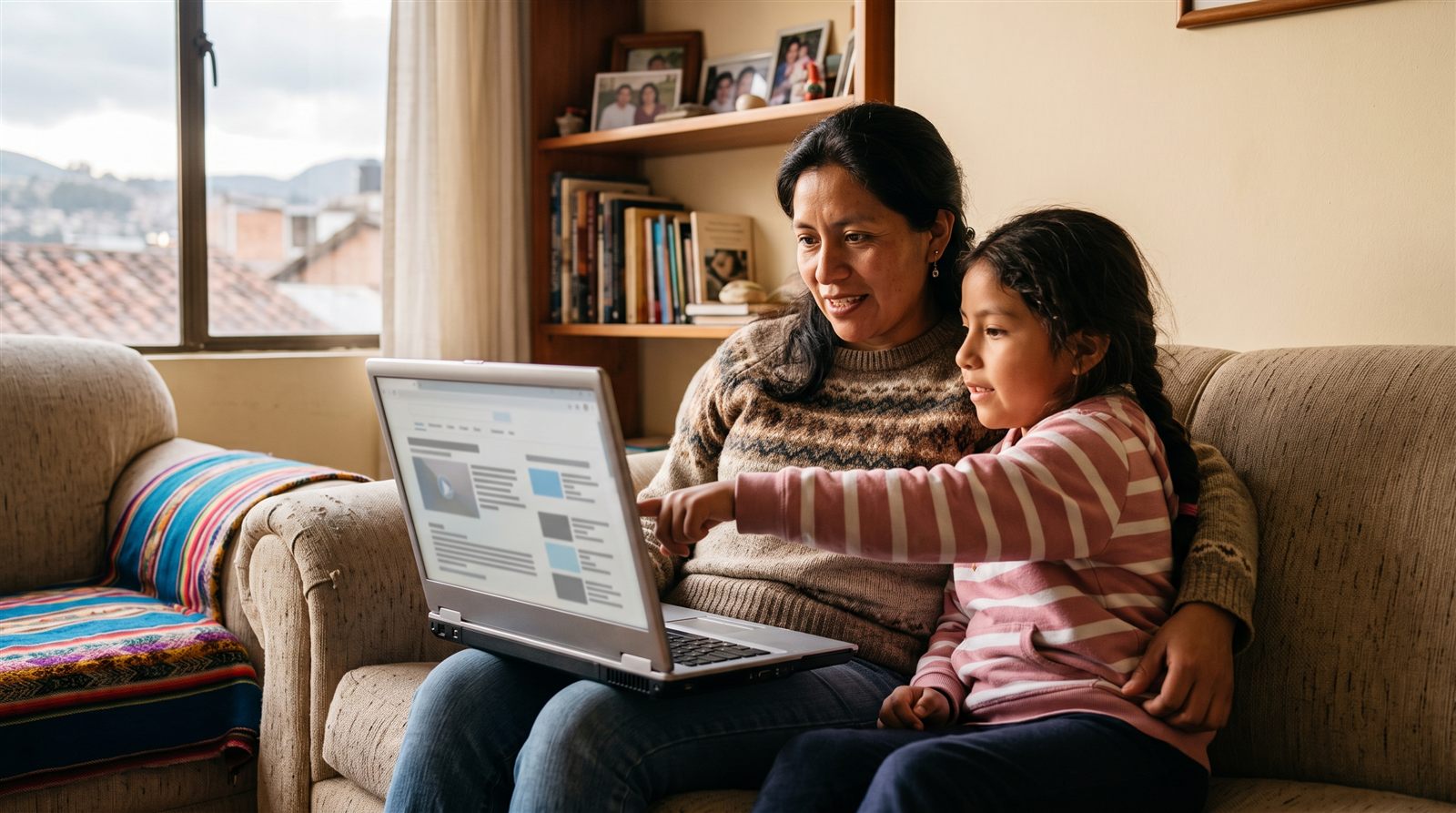 Madre ecuatoriana y su hija de nueve años sentadas en el sofá de su casa en Quito buscando información en una laptop