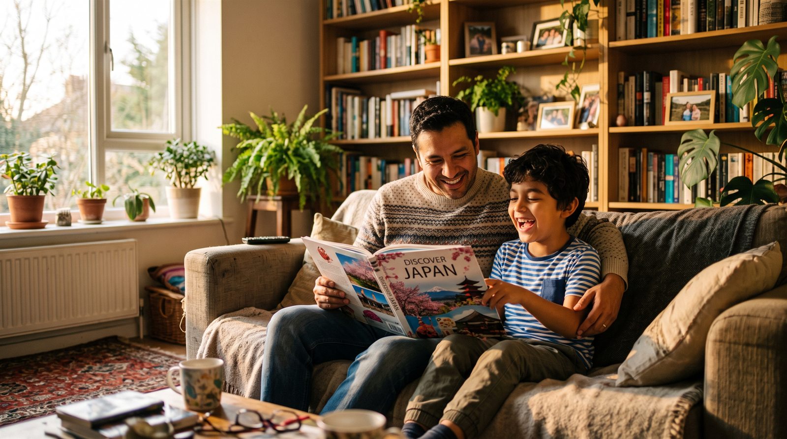 Padre e hijo latinoamericanos riéndose juntos en el sofá mientras miran un libro sobre Japón en la sala de su casa