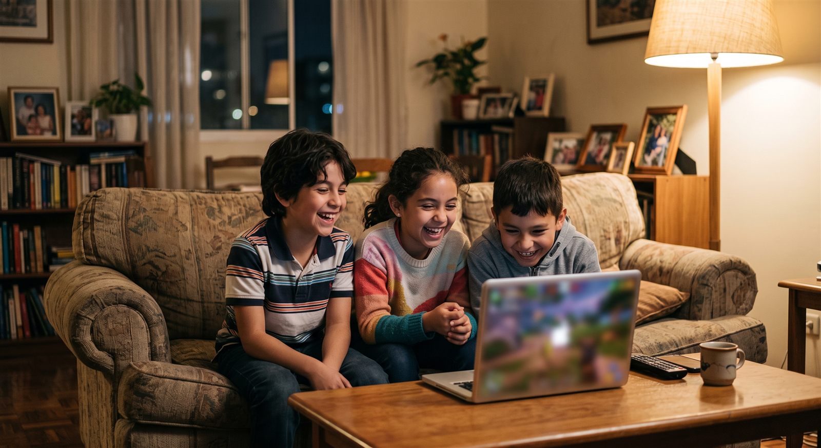 Tres niños latinoamericanos de primaria riéndose juntos frente a una laptop en la sala de su casa por la tarde