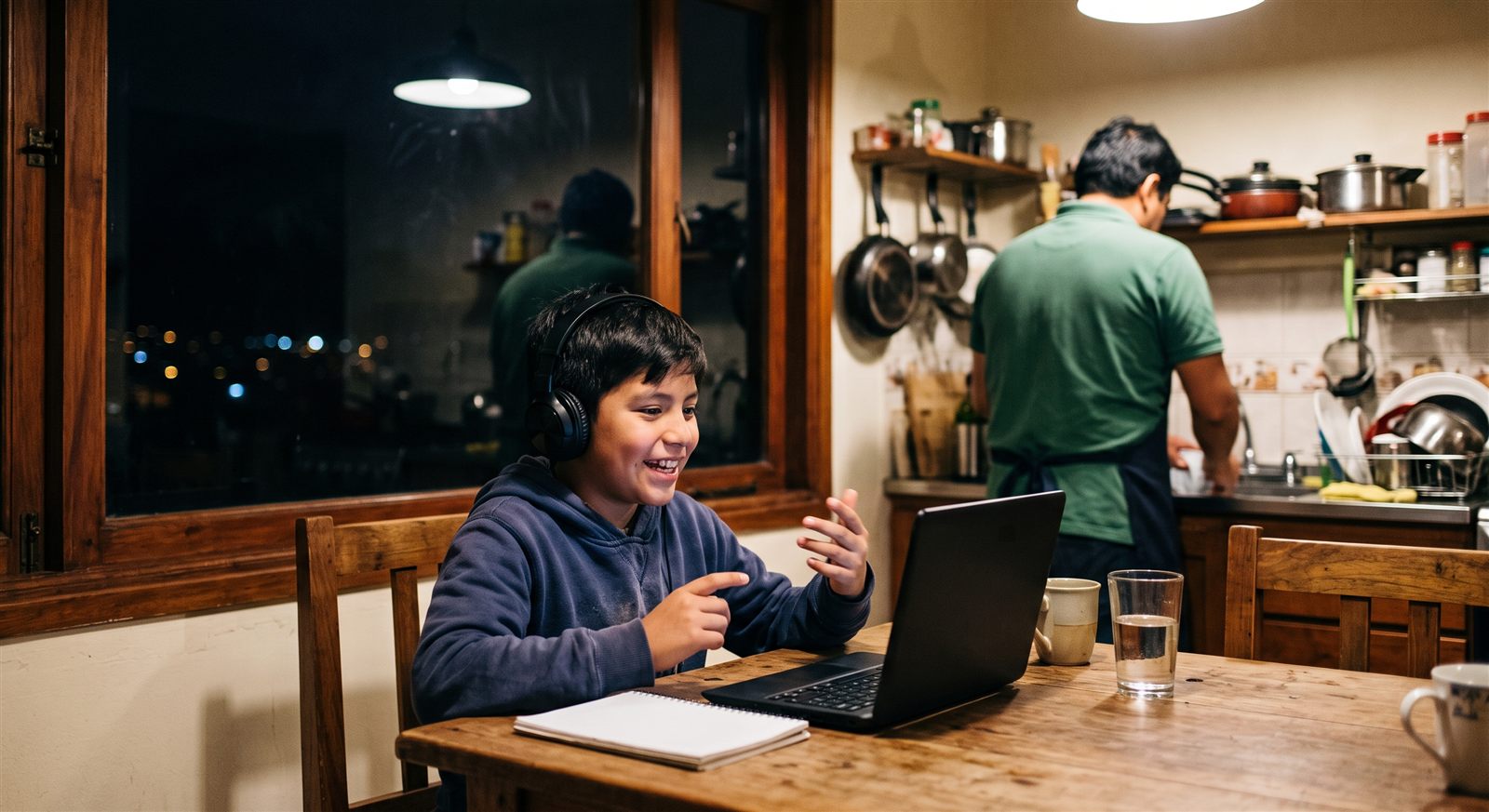 Niño ecuatoriano de unos diez años con audífonos sonriendo y hablando frente a una laptop durante una clase en vivo por la noche mientras su padre ordena la cocina