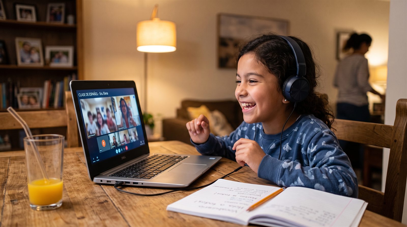 Niña latinoamericana de unos nueve años con audífonos hablando y sonriendo frente a una laptop durante una clase en vivo por la tarde-noche