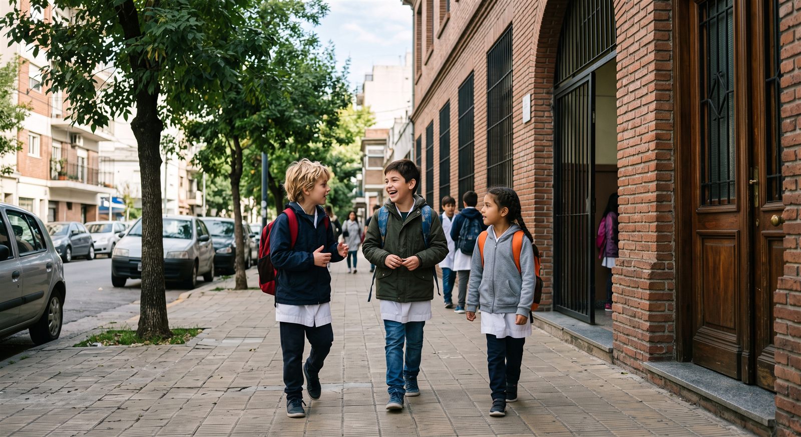 Tres niños argentinos de primaria con mochilas llegando un sábado por la mañana a la puerta de un edificio escolar de barrio en Buenos Aires