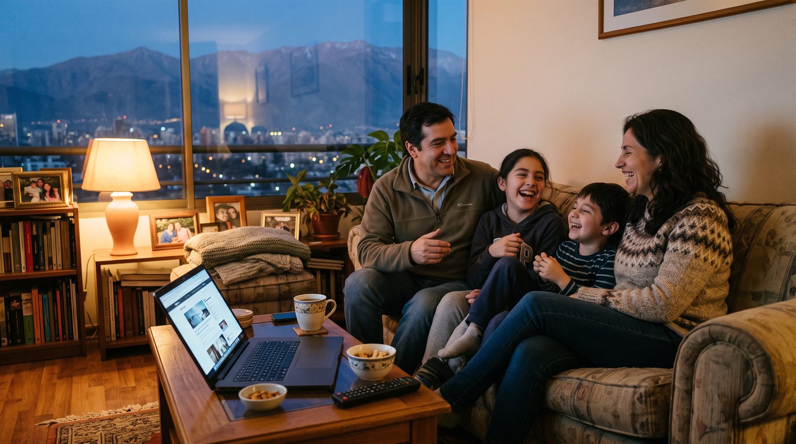 Familia chilena con dos niños conversando y riendo en la sala de su departamento en Santiago al atardecer