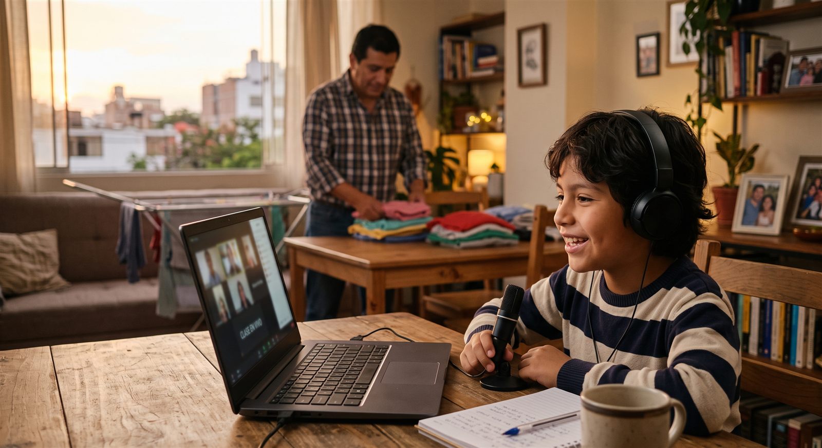 Niño peruano de unos nueve años con audífonos sonriendo y hablando frente a una laptop durante una clase en vivo mientras su padre dobla ropa al fondo
