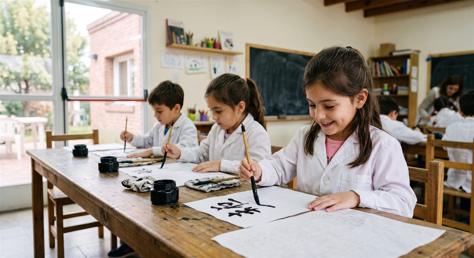 Niña argentina de unos siete años practicando caligrafía con pincel y tinta junto a otros niños en un aula luminosa
