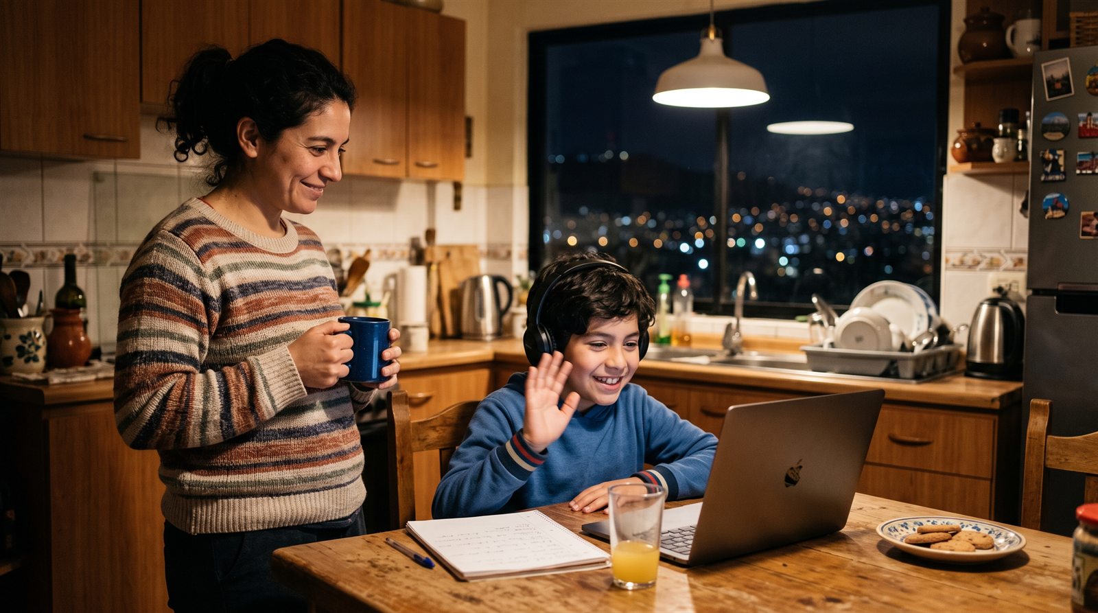 Niño chileno de unos diez años con audífonos saludando a la pantalla de una laptop en la cocina de noche, con su madre cerca