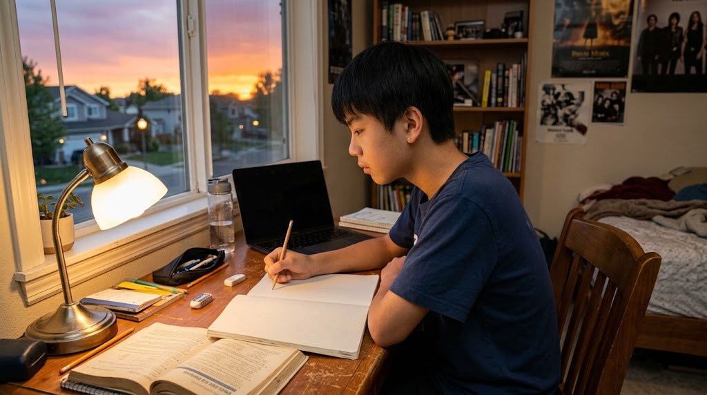 海外の家の子ども部屋で、夕方に机に向かって日本語の漢字ドリルに書き込む中学生の男の子