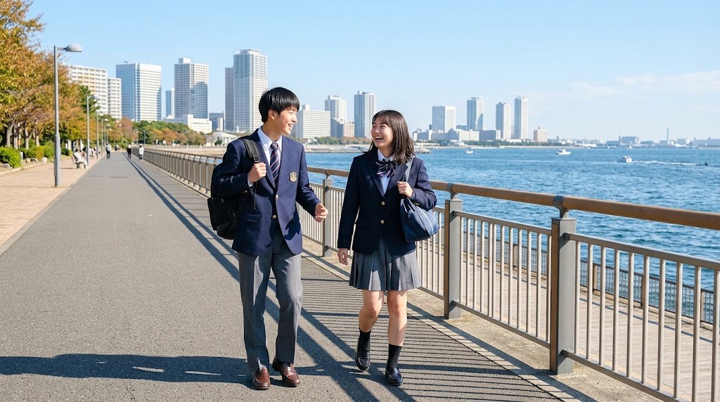 秋の朝、海沿いの遊歩道を話しながら歩くブレザー姿の男女の高校生と、奥の高層ビル