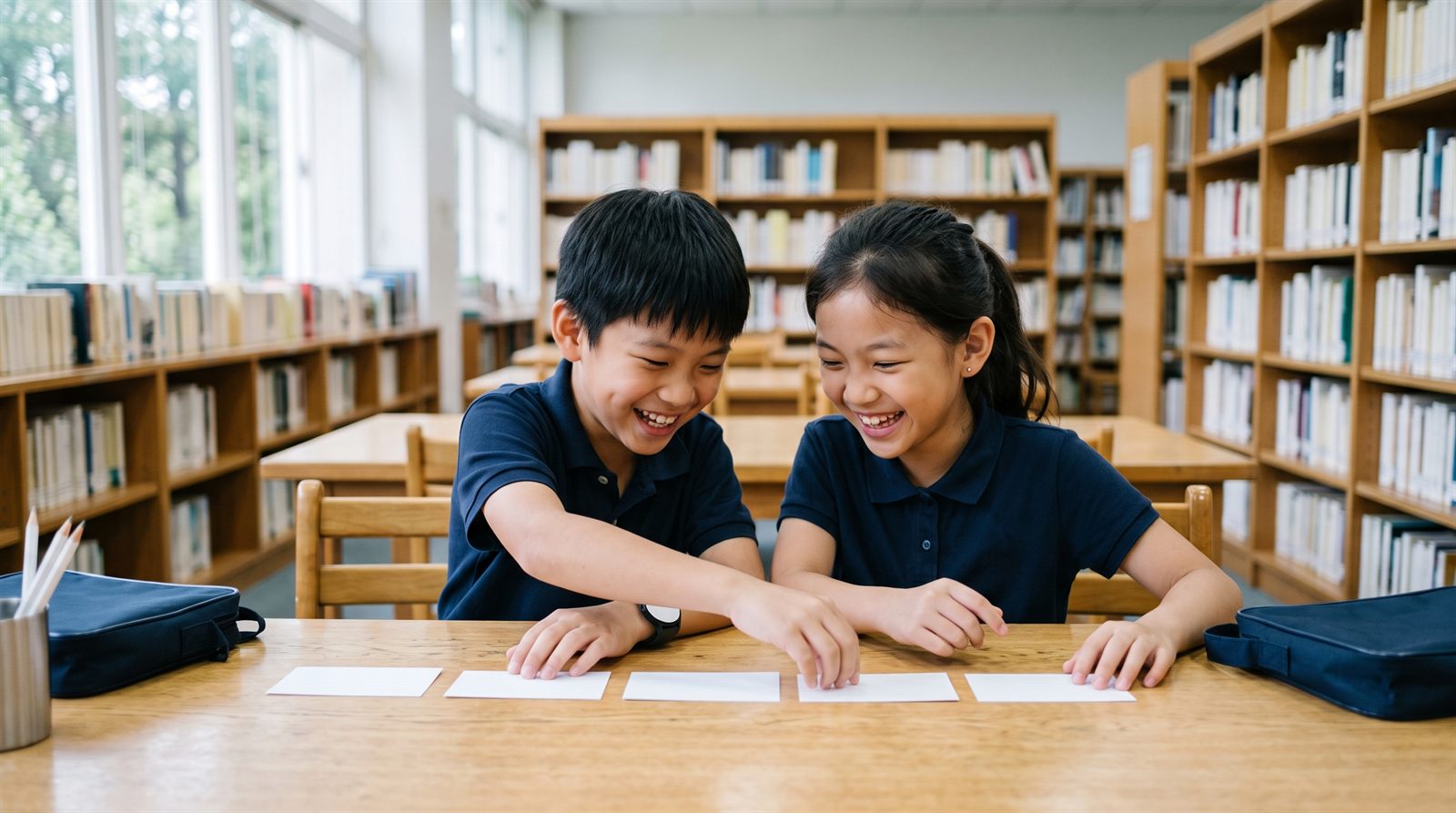 两个孩子在桌上一起把日语句子的卡片排出顺序