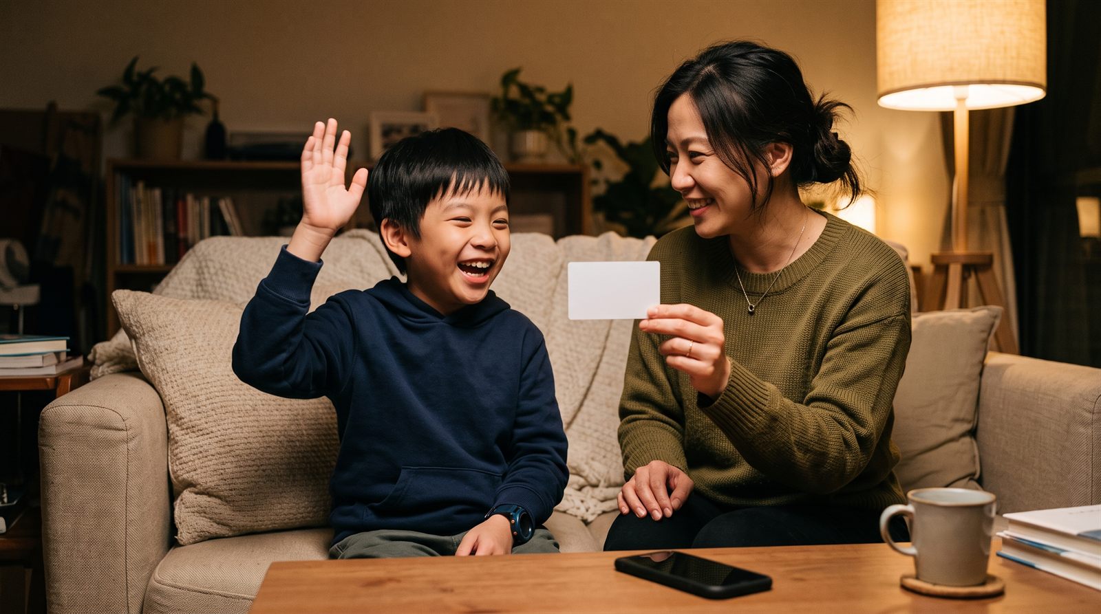 媽媽拿著單字卡,孩子在沙發上笑著回答