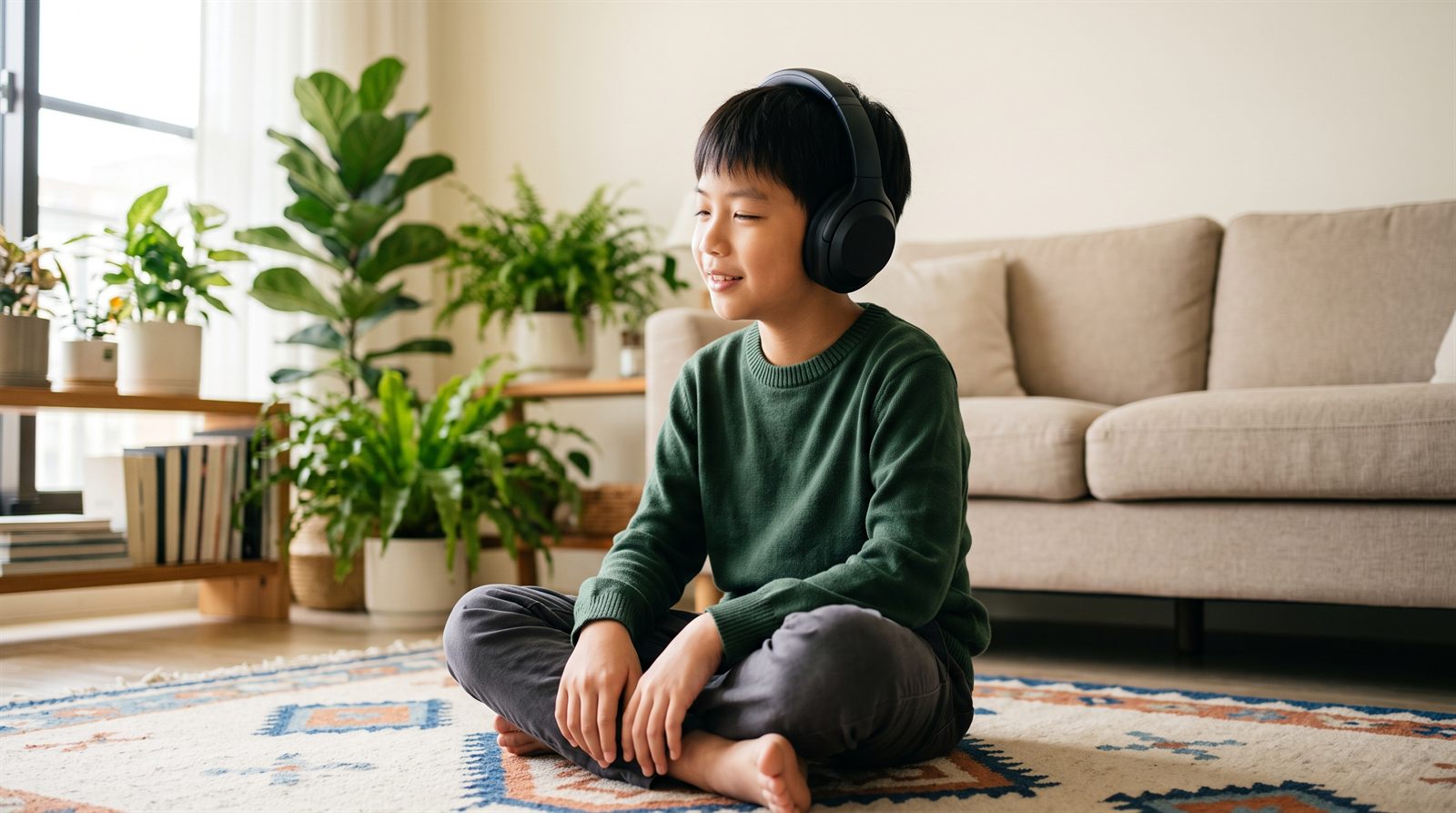 孩子戴着耳机做日语听力练习