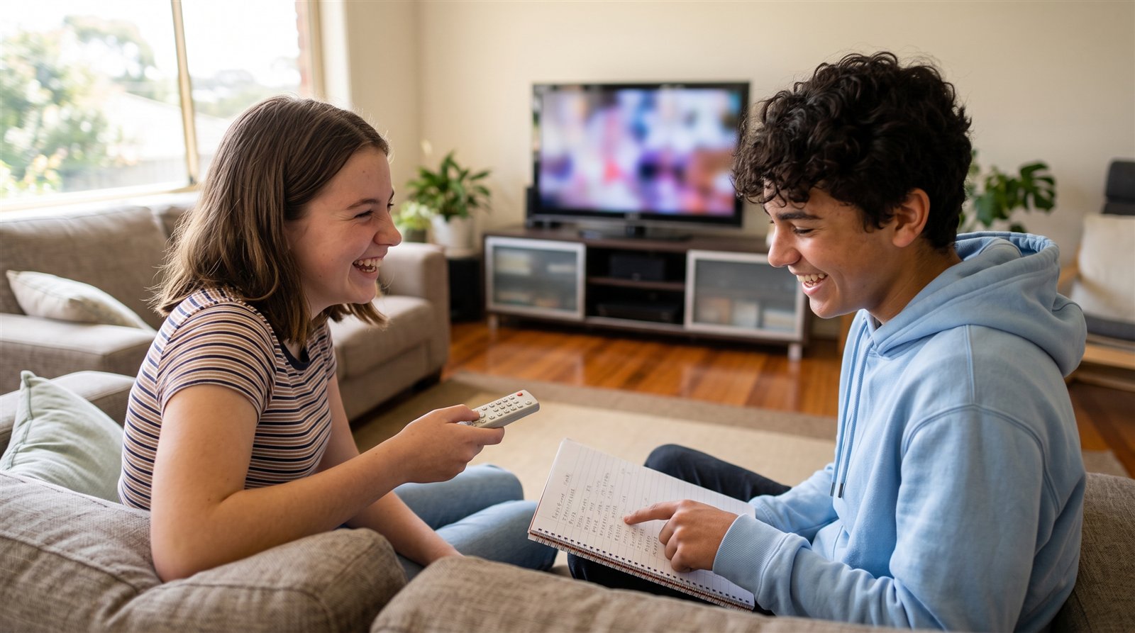 Two teenage friends on a sofa laughing over a notebook of Japanese vocabulary