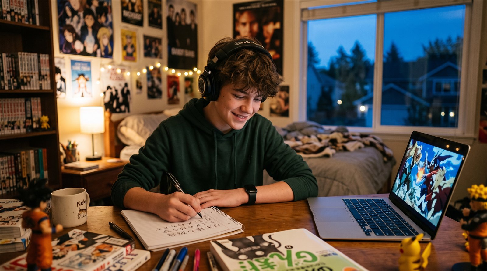 A teenager with headphones watching anime on a laptop and writing Japanese words in a notebook