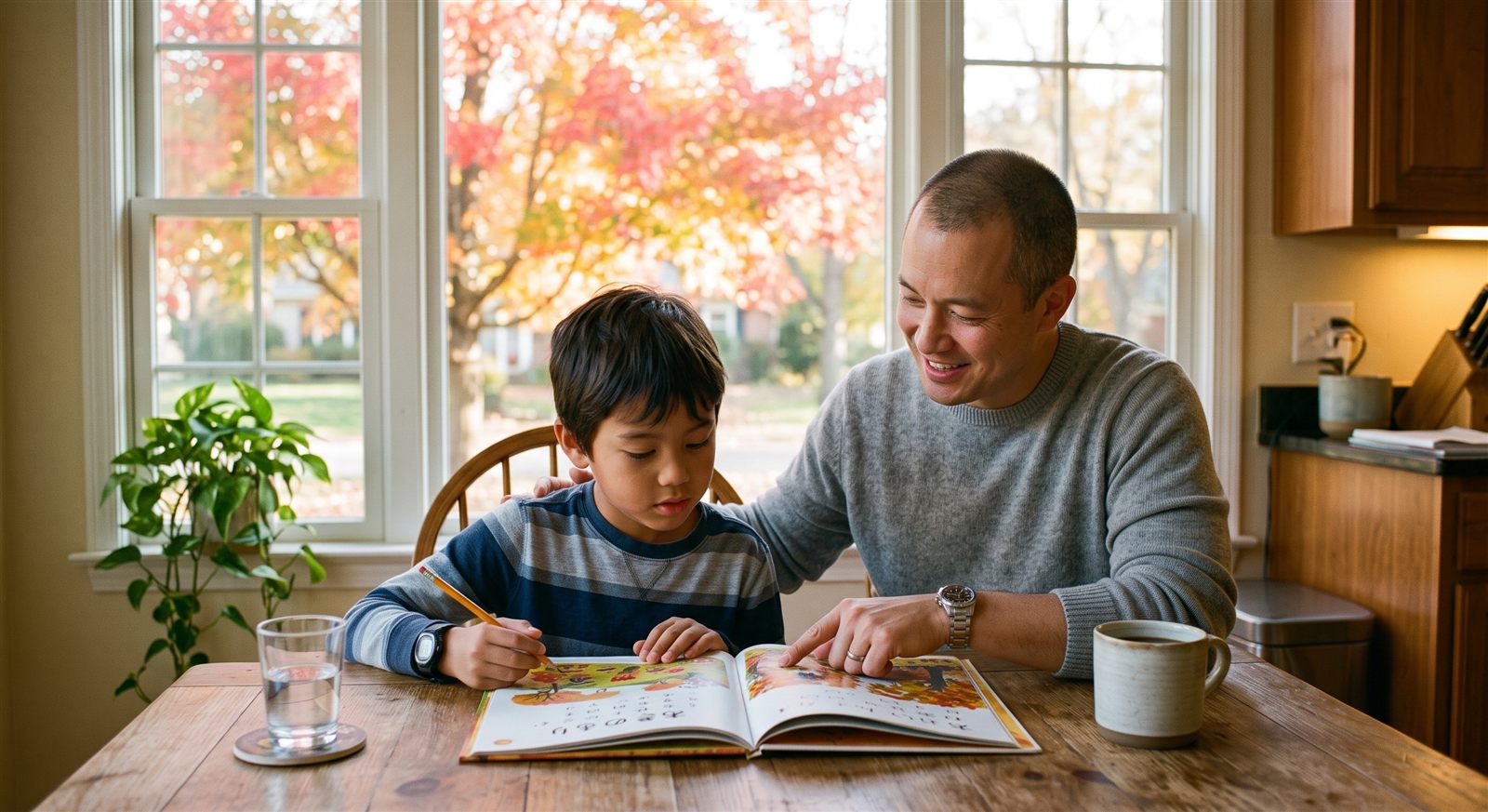 A father and his young son reading a Japanese picture book at a kitchen table in suburban Virginia in autumn