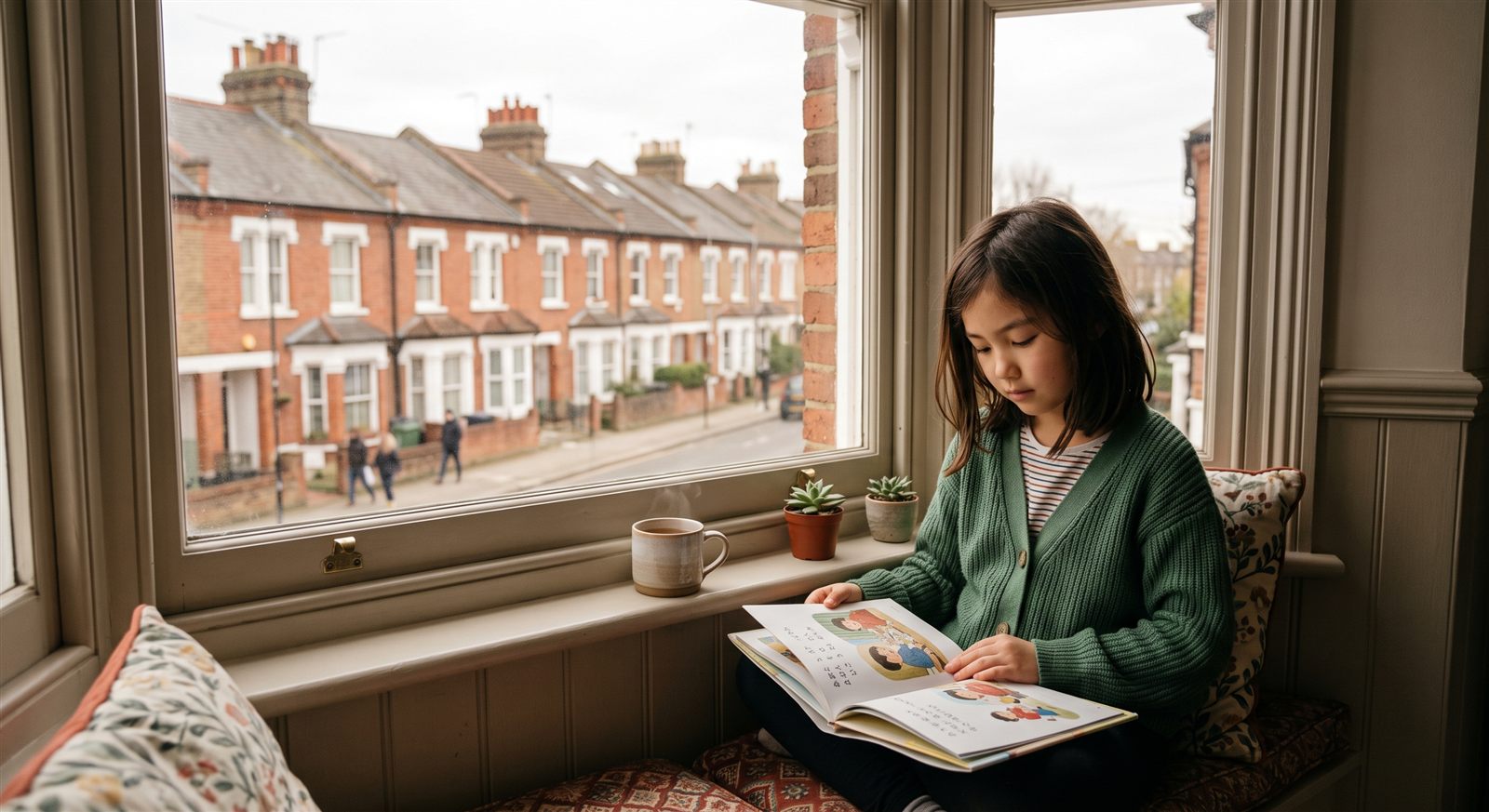 a girl reading a Japanese picture book on the window seat of a London terraced house