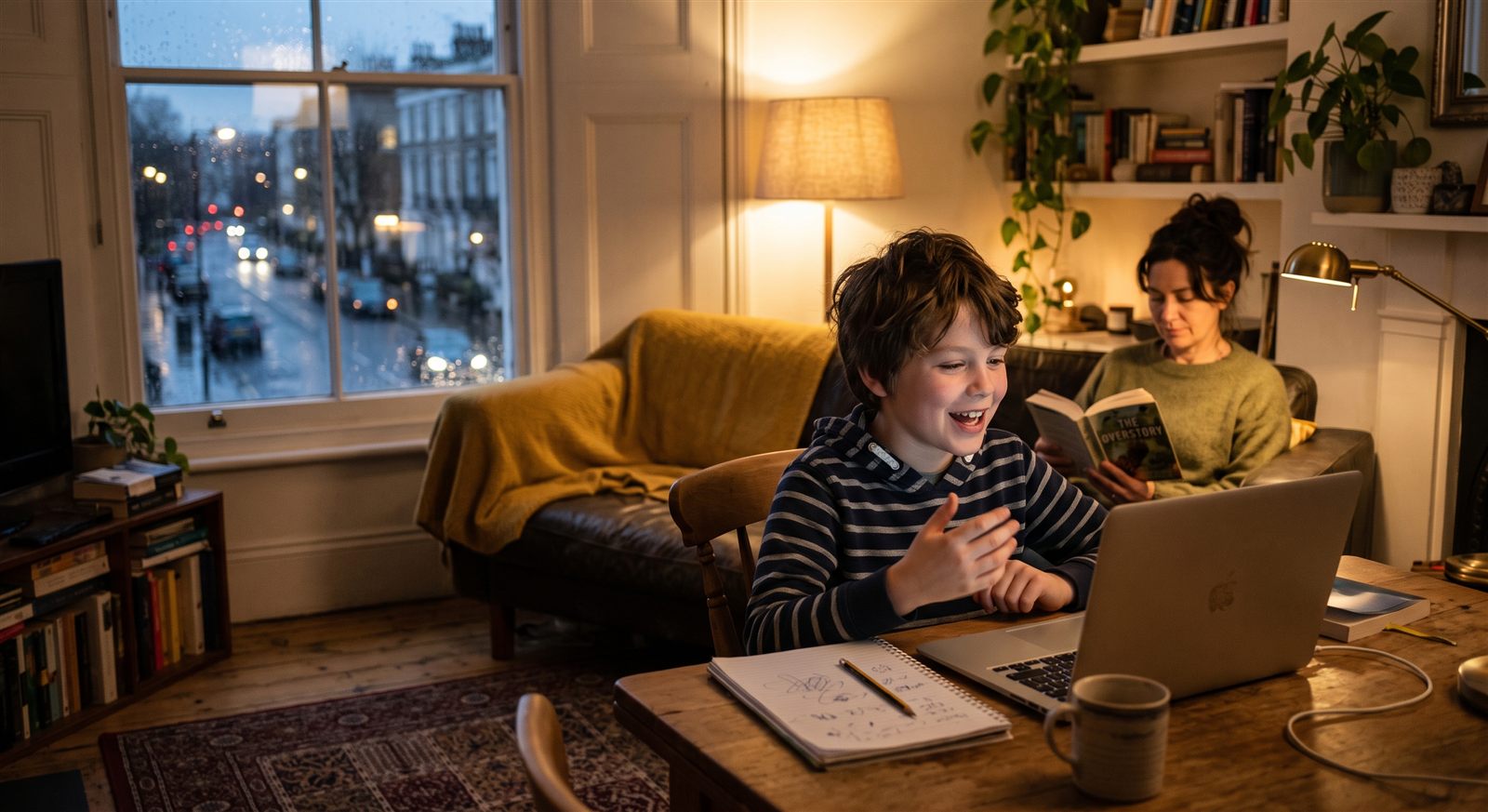 a boy talking to classmates on a laptop in a London living room on a dark winter evening