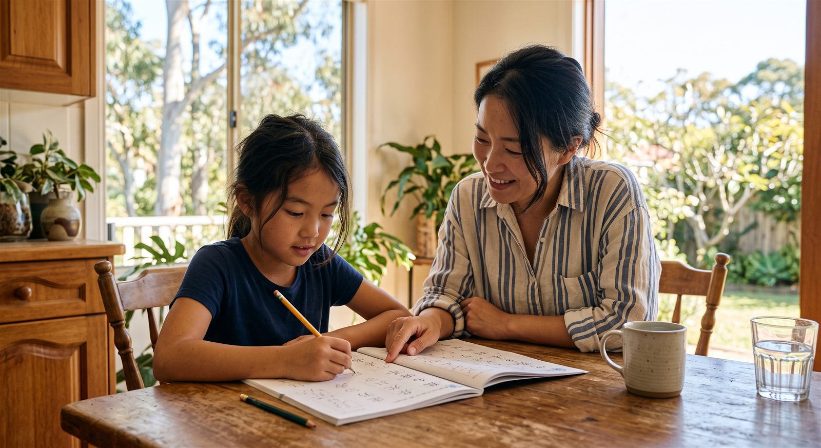 a mother and her daughter looking at a Japanese kanji workbook together at a sunlit kitchen table in Sydney