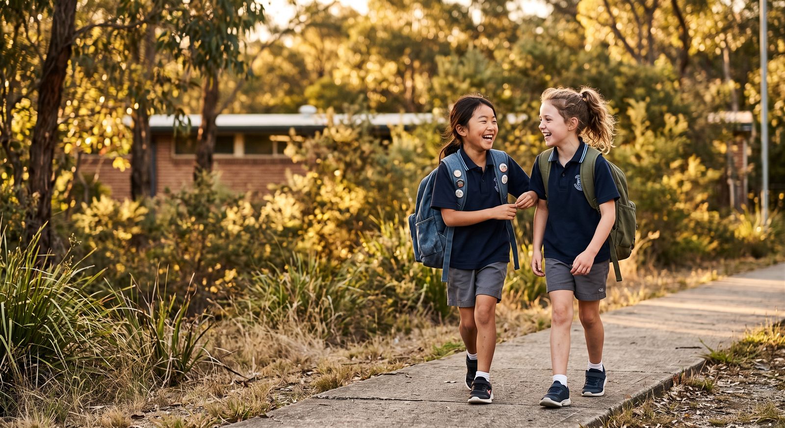 two primary-school children with backpacks laughing together on a path beside Australian bushland