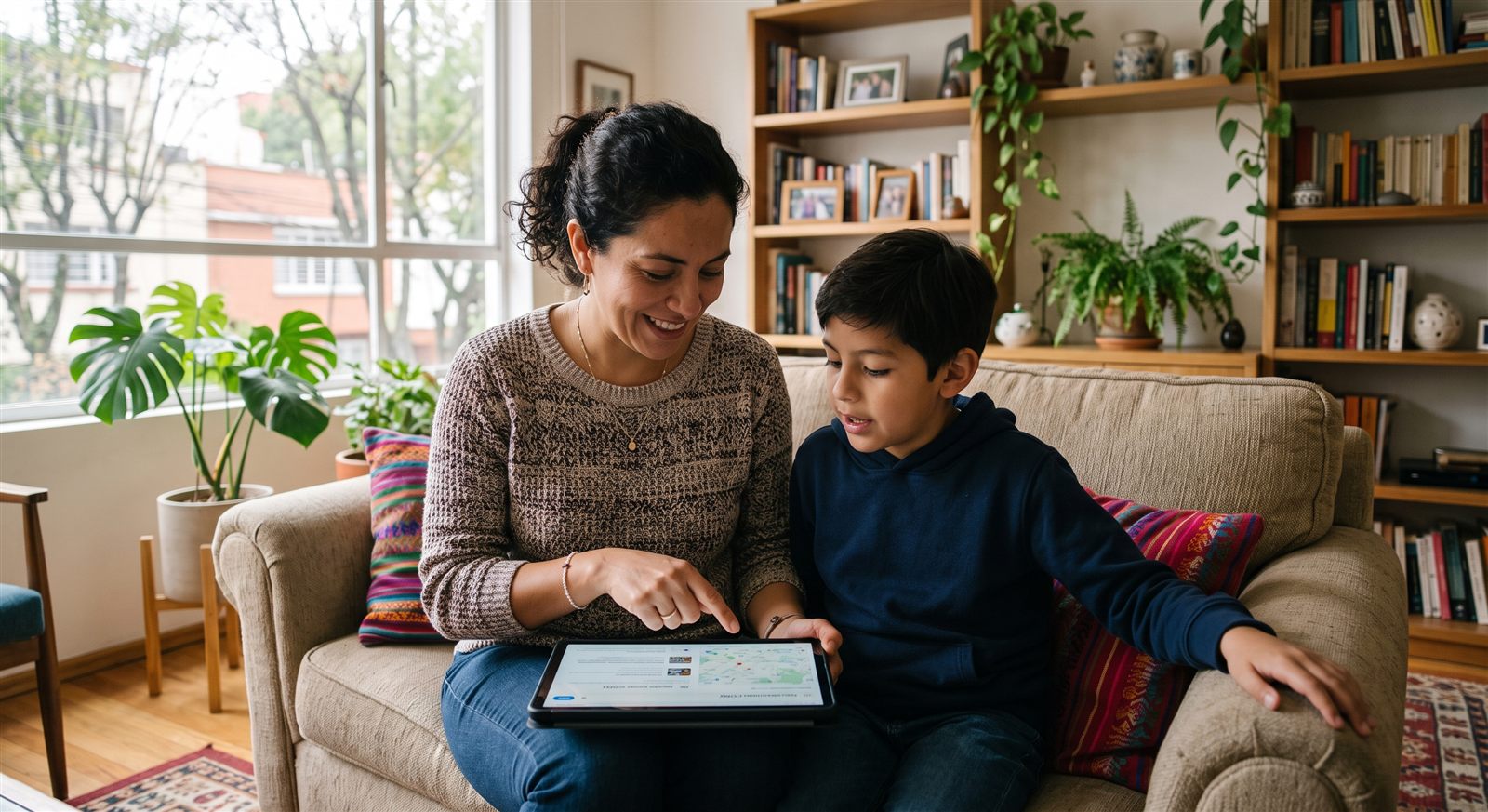 Madre mexicana y su hijo de diez años sentados en el sofá de la sala buscando información en una tablet