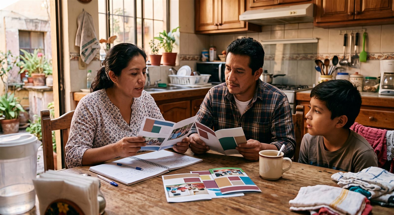Madre y padre mexicanos revisando folletos de colegios en la mesa de la cocina mientras su hijo de once años escucha sentado frente a ellos