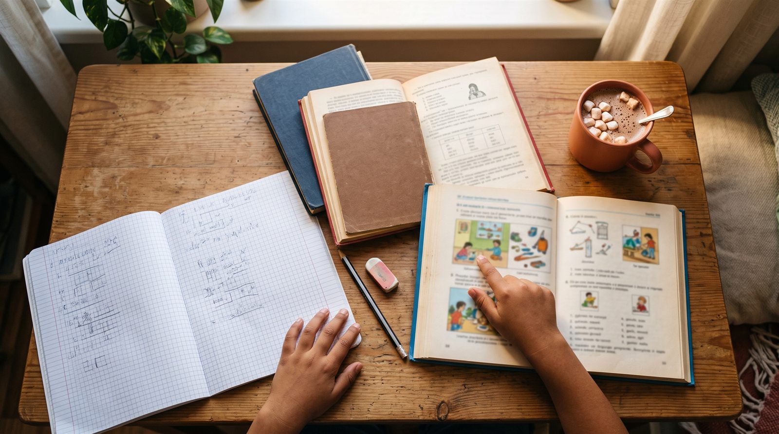 Vista cenital de una mesa de madera con libros de estudio y cuadernos cuadriculados abiertos y las manos de un niño señalando una página