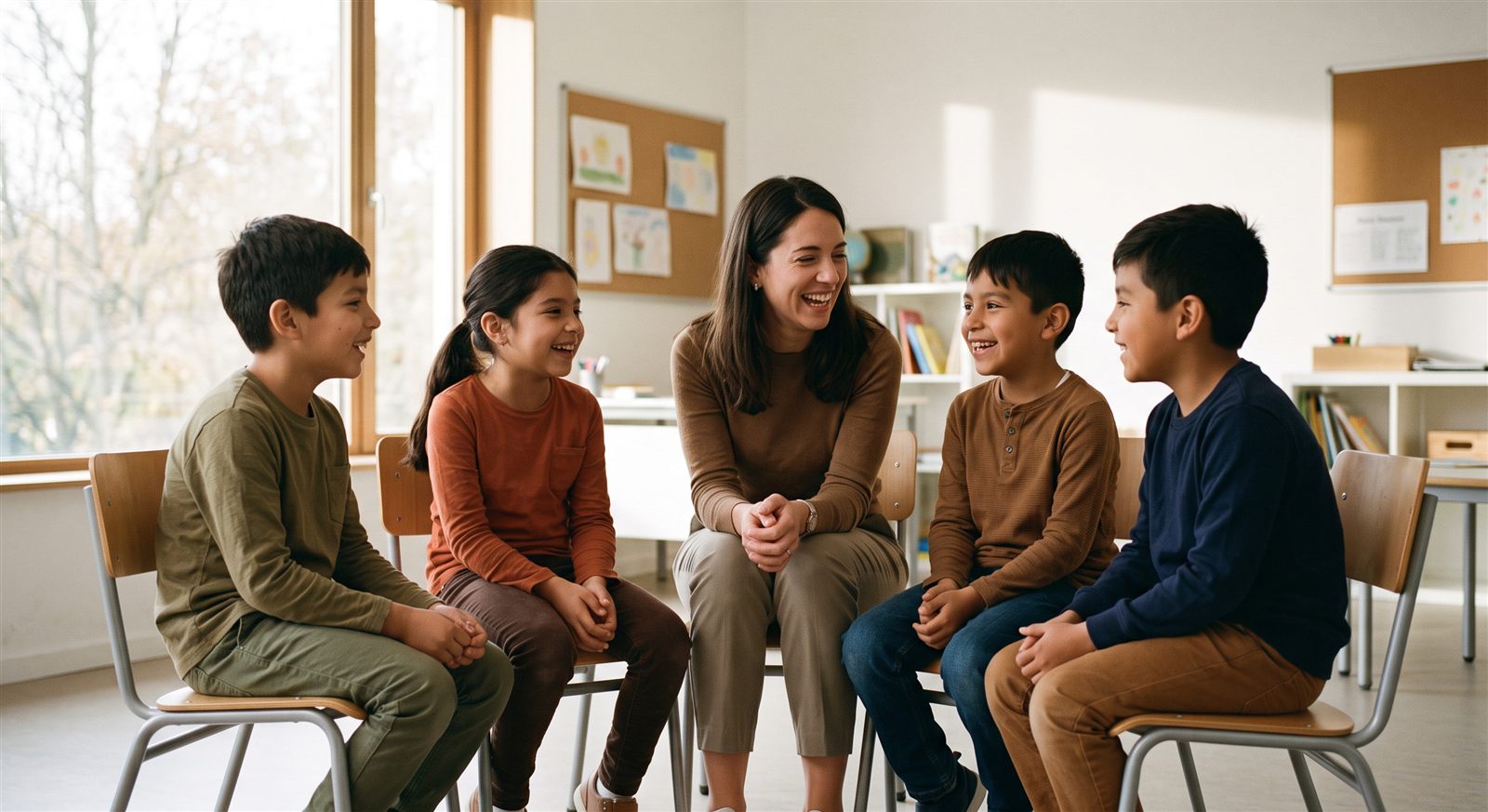 Cuatro niños latinoamericanos de primaria sentados en semicírculo conversando y riendo con su maestra en un salón luminoso