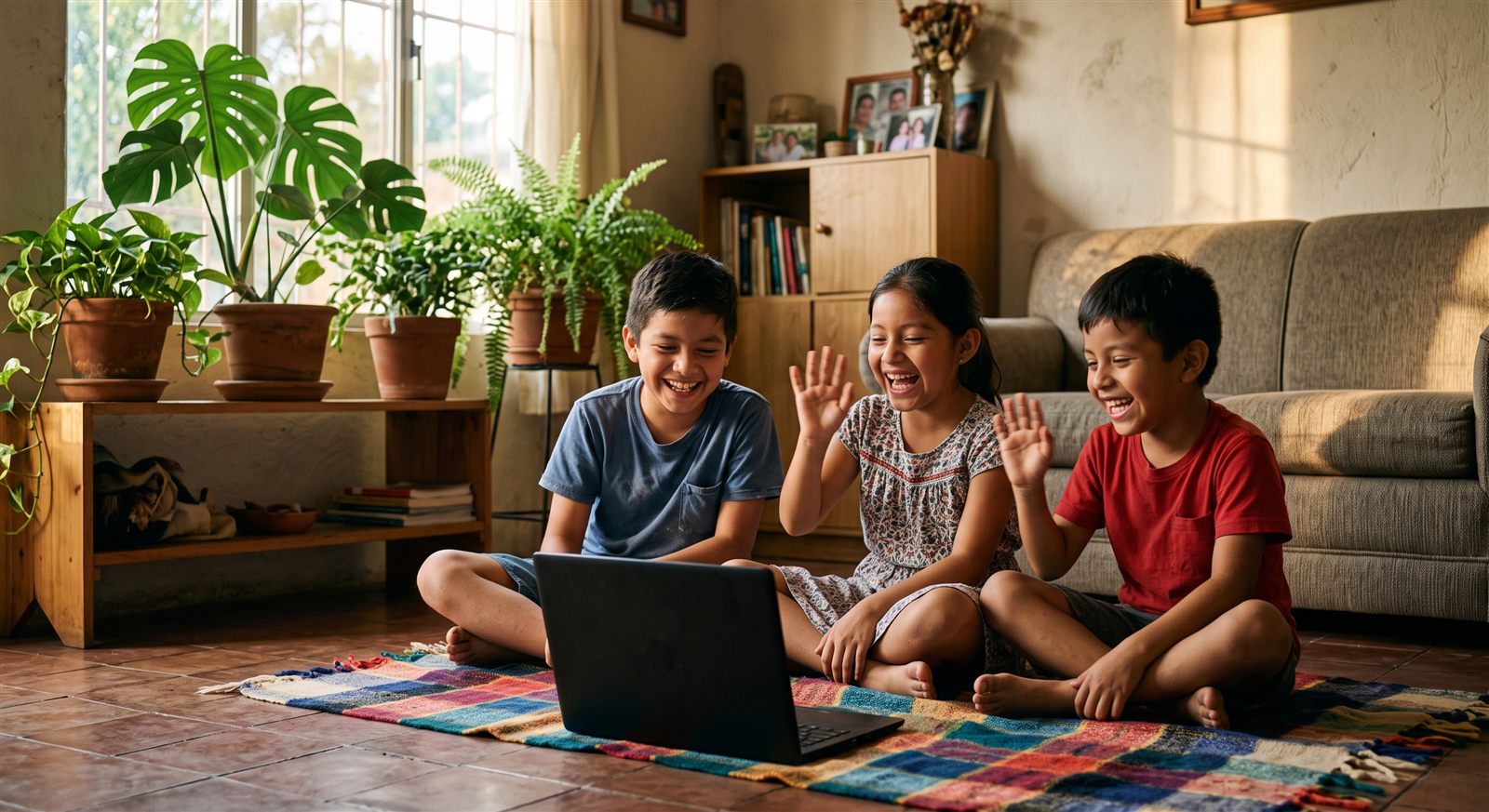 Tres niños mexicanos de primaria sentados en el piso de la sala riéndose y saludando a la pantalla de una laptop
