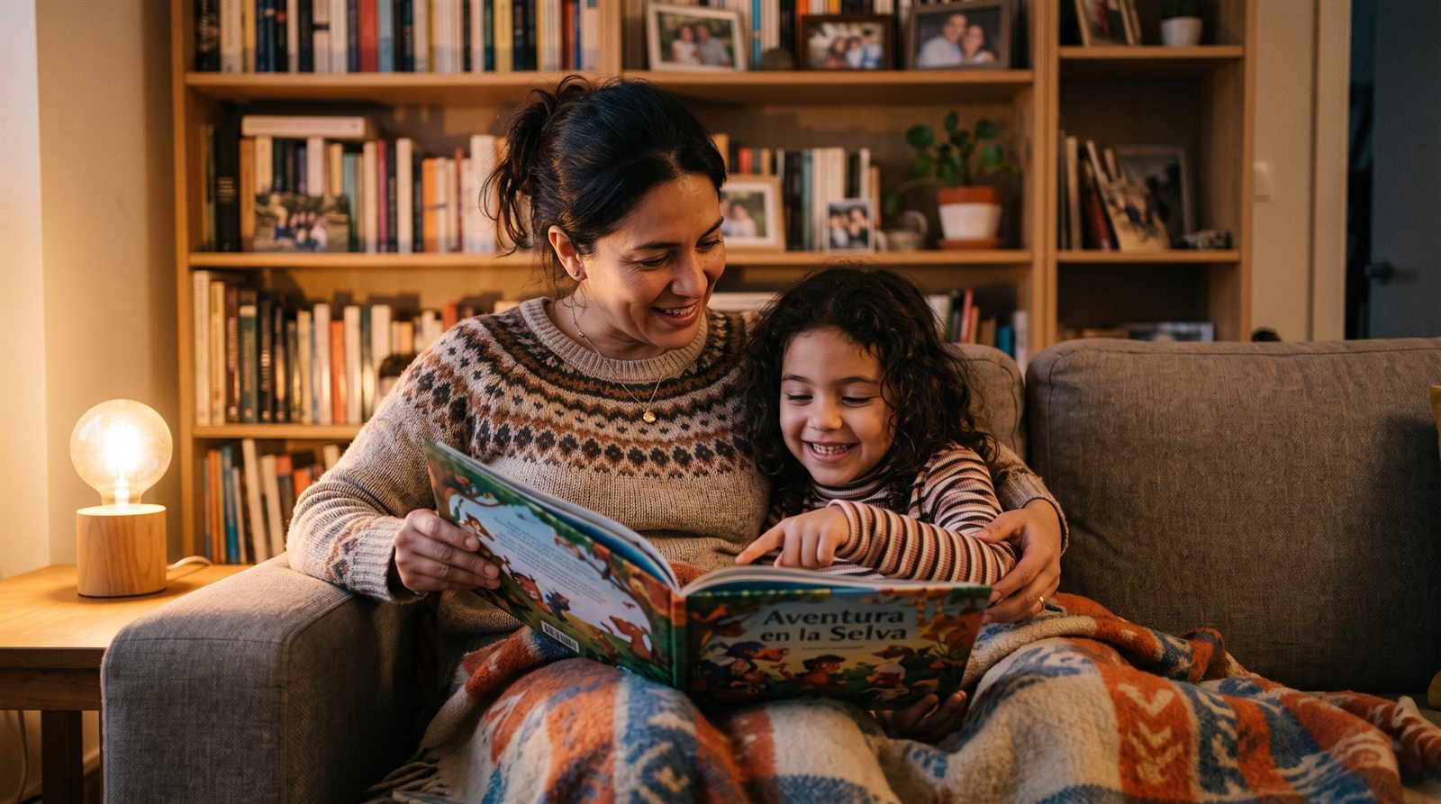 Madre latinoamericana leyendo un libro ilustrado en el sofá junto a su hija de unos siete años, que señala una ilustración