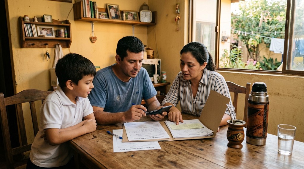 Madre y padre paraguayos revisando formularios de inscripción escolar y una calculadora en la mesa de su casa, con un termo de tereré, mientras su hijo de ocho años mira los papeles
