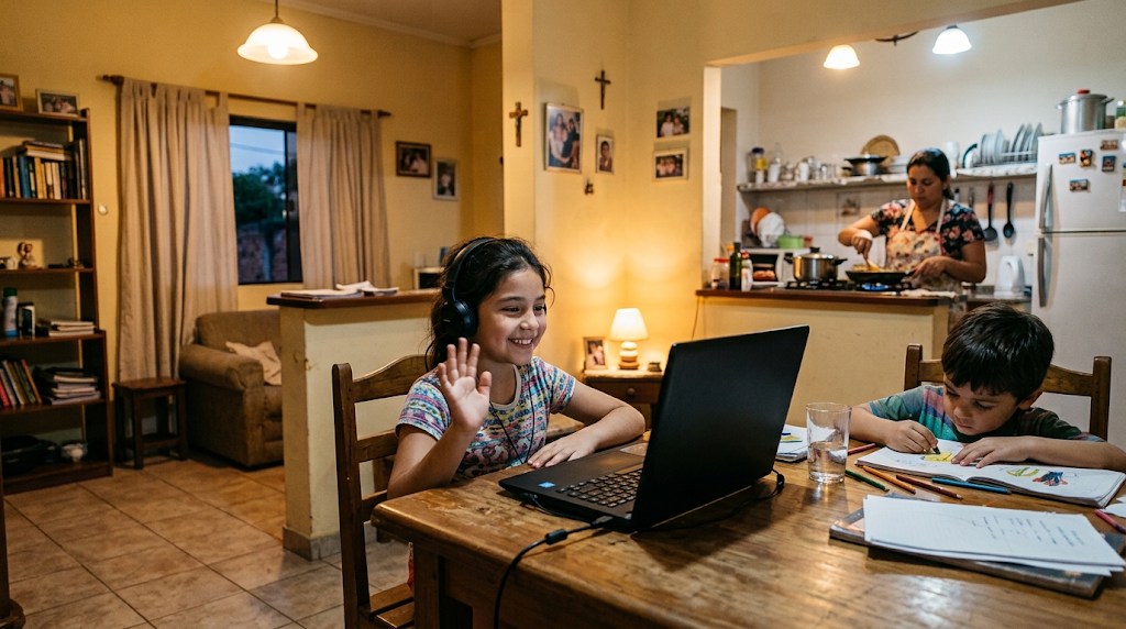 Niña paraguaya de nueve años con auriculares saludando a su laptop durante una clase en vivo por la noche, mientras su hermano dibuja a su lado y su madre cocina al fondo