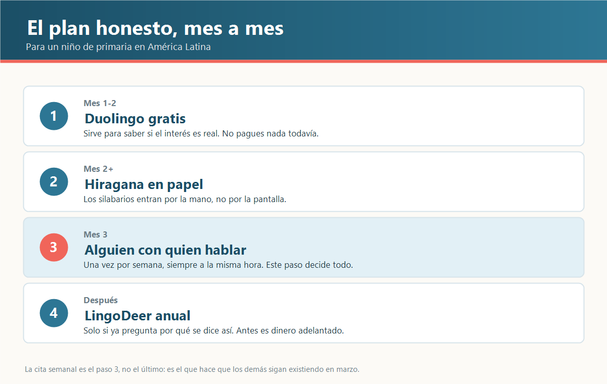 Plan de cuatro pasos mes a mes para que un niño latinoamericano empiece japonés, con la clase semanal marcada como paso decisivo