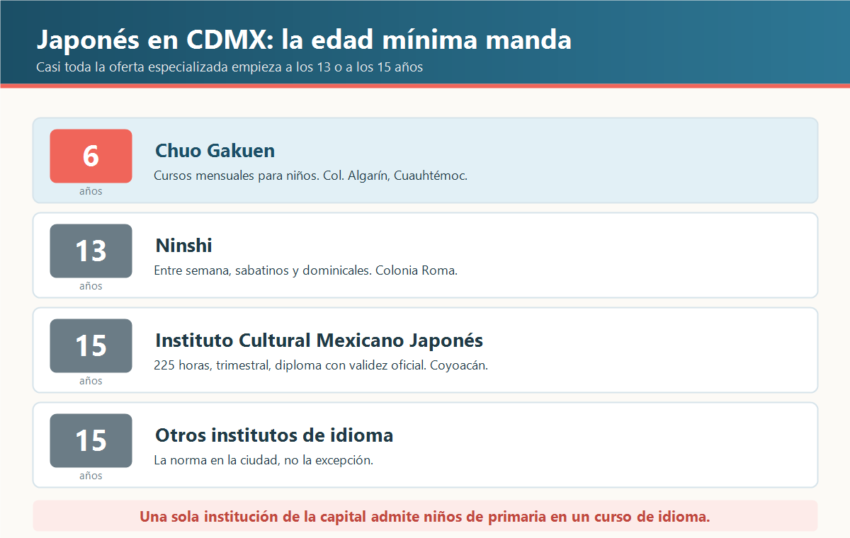 Escuelas de japonés de la Ciudad de México ordenadas por edad mínima: Chuo Gakuen desde los 6 años, Ninshi desde los 13 y el Instituto Cultural Mexicano Japonés desde los 15