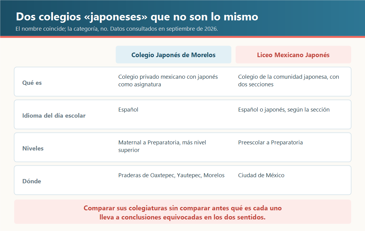 Comparación entre el Colegio Japonés de Morelos y el Liceo Mexicano Japonés según qué es cada uno, el idioma del día escolar, los niveles y la ubicación