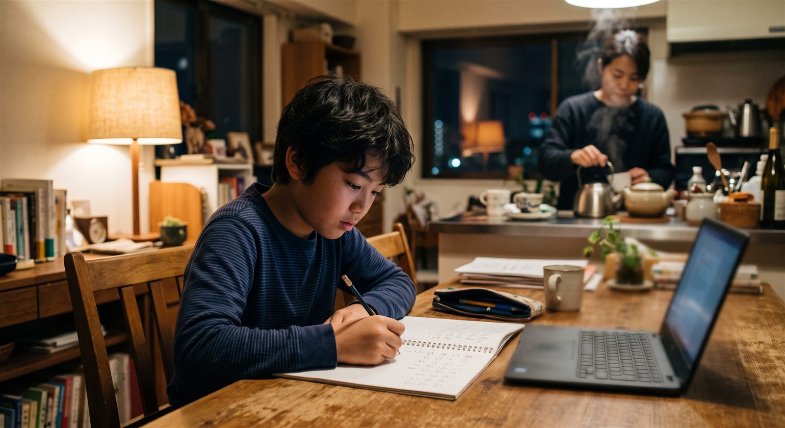 A boy writing Japanese practice in a notebook at the family dining table in the evening, a laptop beside him